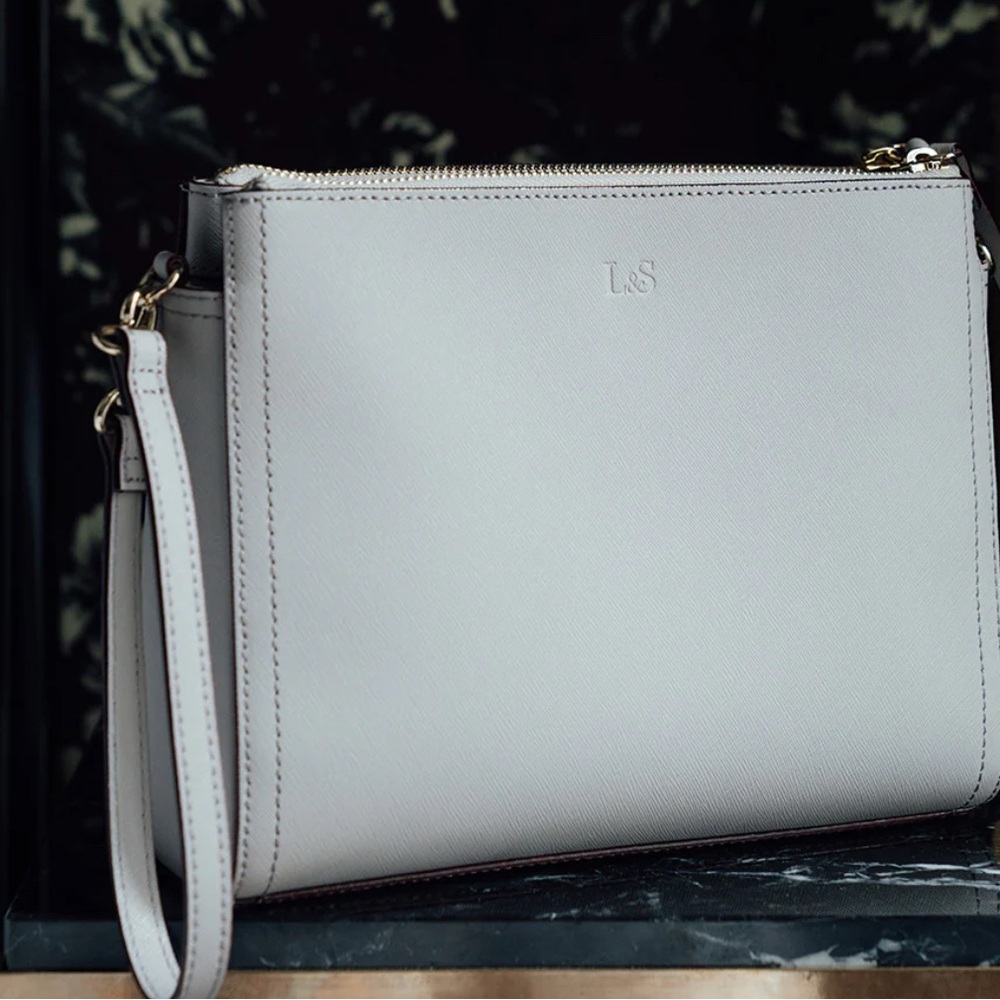 Lo & Sons Pearl Saffiano Leather Light Grey Crossbody Purse - Picture 2 of 12